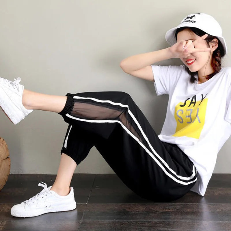 Summer Sexy Mesh Woman Pants Korea Fashion High Waist Thin Casual Black Baggy Harem Pants Yk2 Trousers Pantalones Vetement Femme