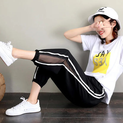 Summer Sexy Mesh Woman Pants Korea Fashion High Waist Thin Casual Black Baggy Harem Pants Yk2 Trousers Pantalones Vetement Femme